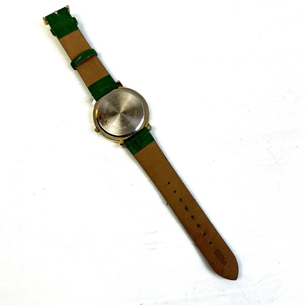 Studio Time Quartz Watch Green Band Rhinestone Gold Modern Fashion Wristwatch